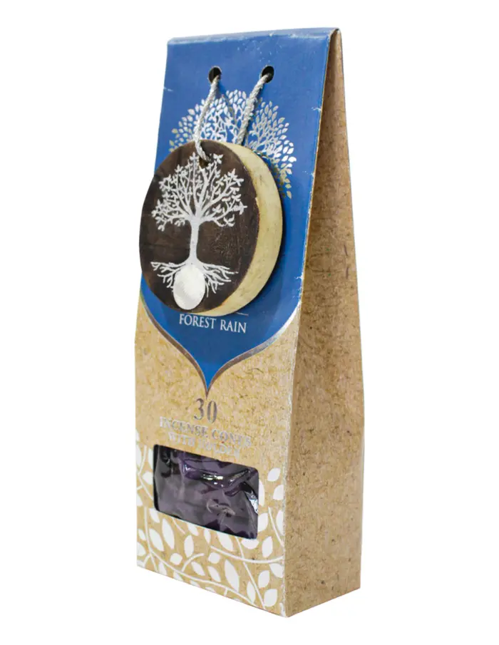 Paquete con 30 conos de incienso y quemador de arbol de madera con logo y fragancia de lluvia del bo - Image 2