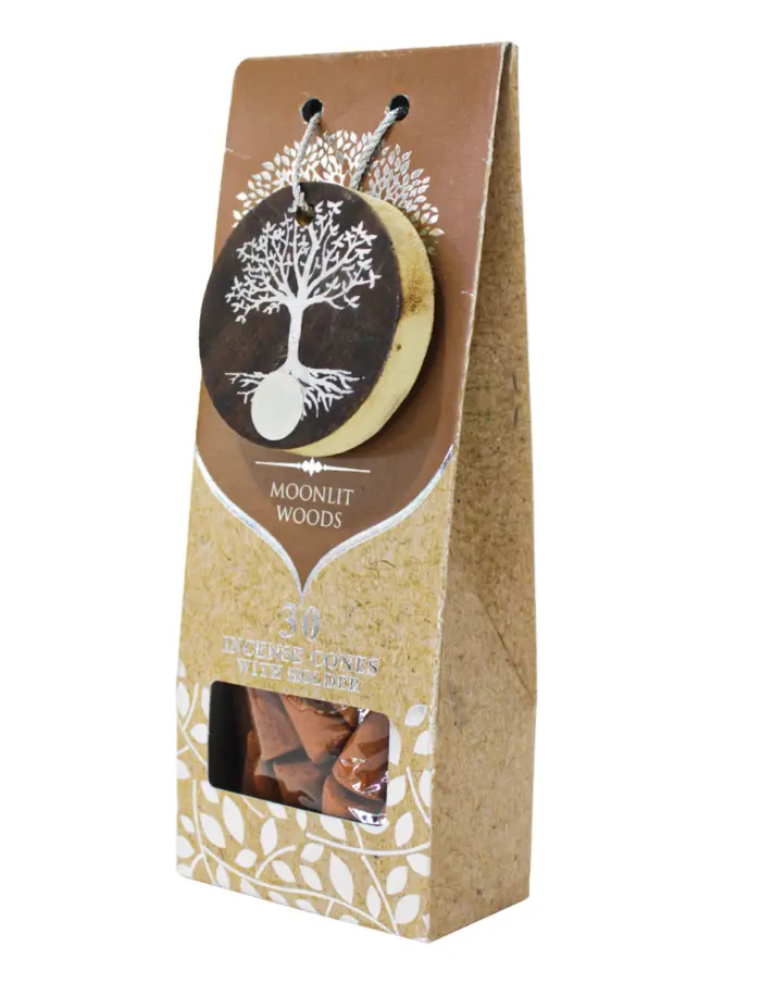 Paquete con 30 conos de incienso y quemador de arbol de madera con logo y fragancia de madera ilumin - Image 2