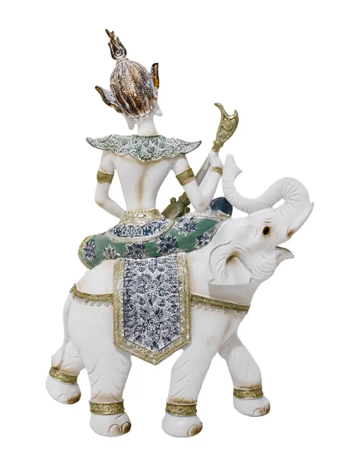 Buda montando elefante de resina con instrumento musical azul con blanco de 27x12x38cm - Image 4