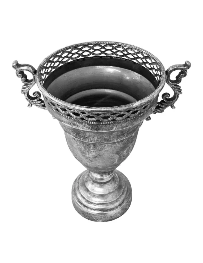 Maceta de metal plateada diseño copa calada con asas de 25x41.5cm - Image 2