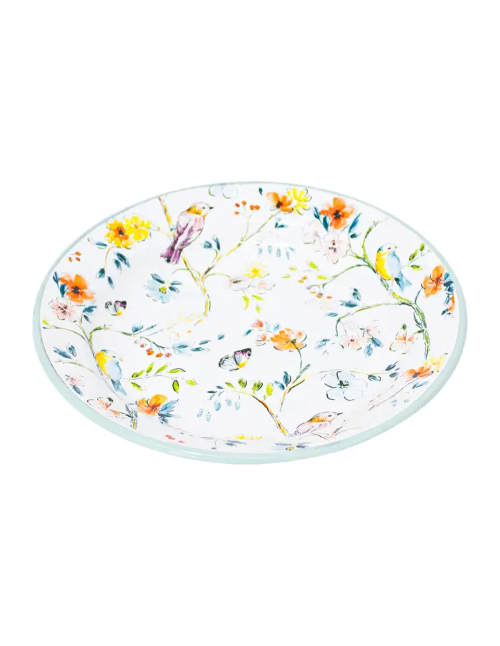 Plato sopero de peltre blanco diseño flores y pajaros de 24x24x3cm - Image 2