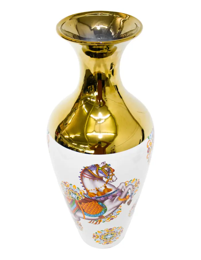 Jarrón de porcelana blanco con dorado y caballo de colores de 20.5x20.5x51cm - Image 2