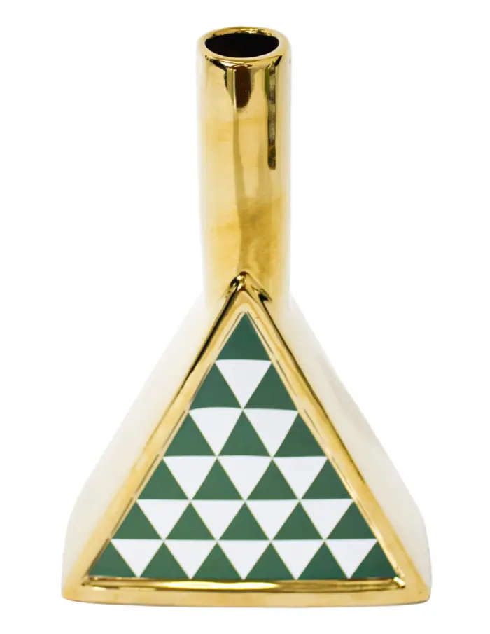 Jarrón de porcelana dorado triangular verde con blanco de 16.8x6.5x25.5cm - Image 2