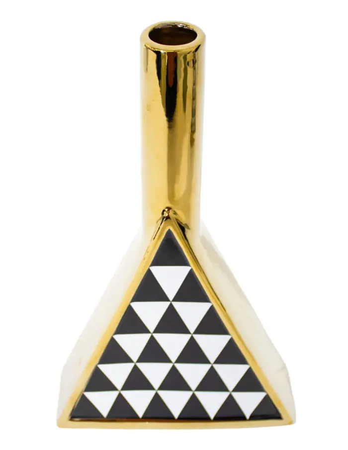 Jarrón de porcelana dorado triangular negro con blanco de 20x7x34cm - Image 2