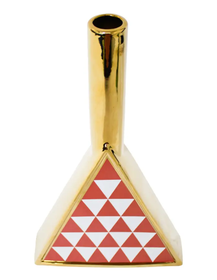 Jarrón de porcelana dorado triangular rojo con blanco de 24x7x41.5cm - Image 2
