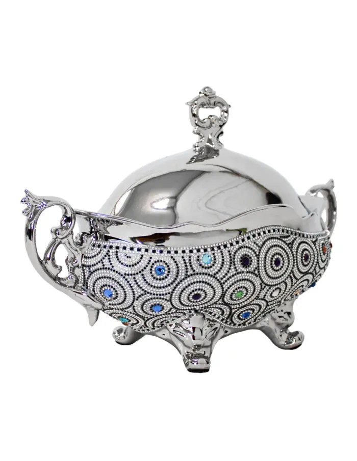 Bombonera de porcelana con tapa plateada e incrustaciones de cristales de 41x20.5x28cm - Image 2
