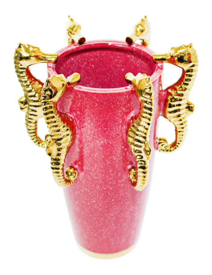 Florero de porcelana rosa con caballos de mar dorado de 26x22.2x37.5cm - Image 2