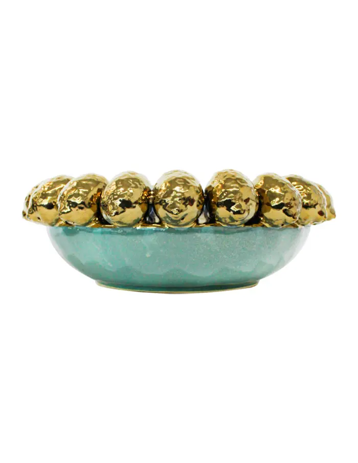 Frutero de porcelana verde con limones dorados en la orilla de 37.3x37.3x13.7cm - Image 2
