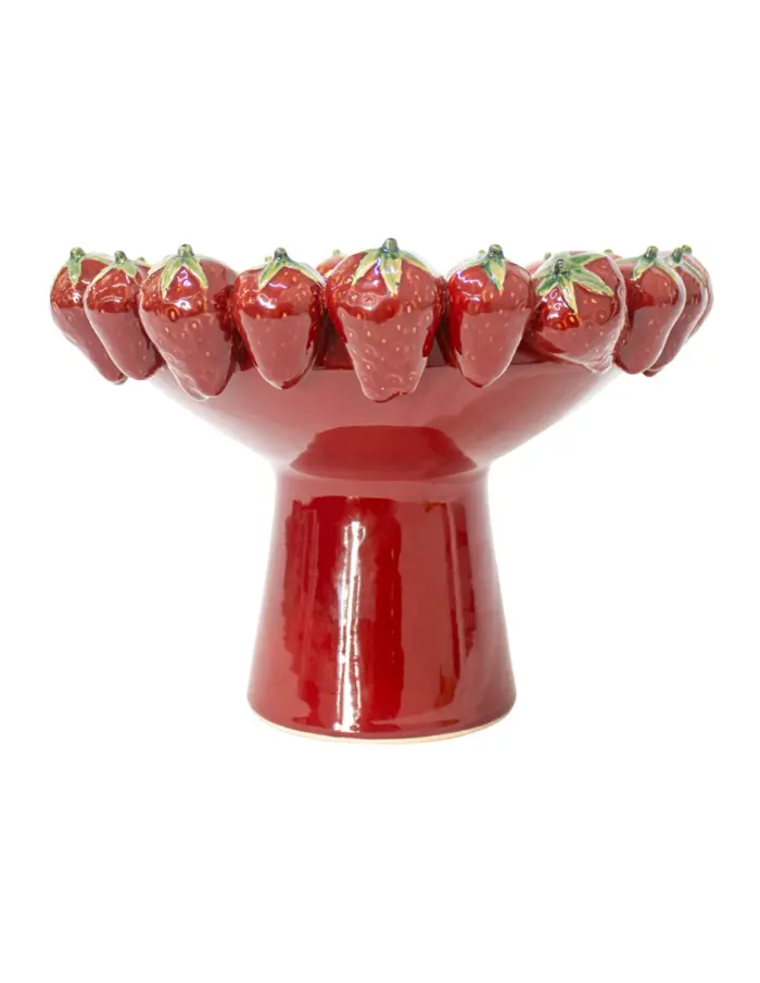 Frutero de porcelana rojo con fresas rojas en la orilla de 33.8x33.8x24cm - Image 2