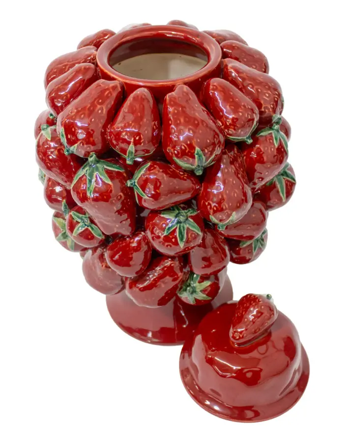Tibor de porcelana rojo forrado de fresas de 24x24x41.5cm - Image 2