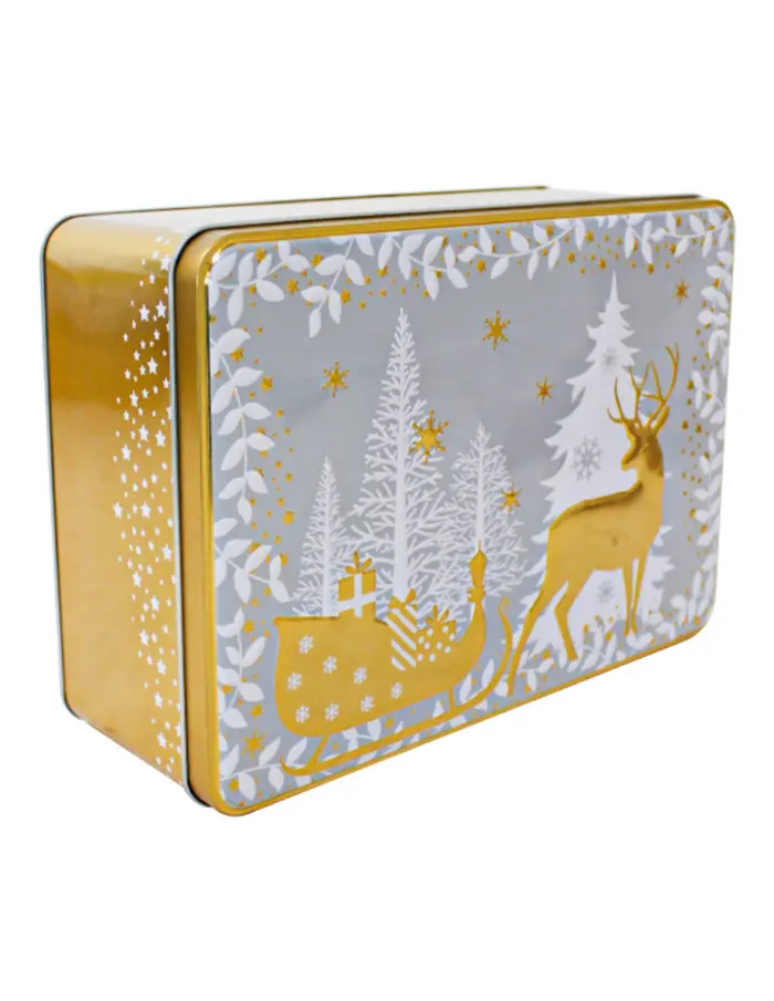 Caja de lámina dorado con blanco con ciervos y árboles de navidad de 26x18.4x9.4cm - Image 2