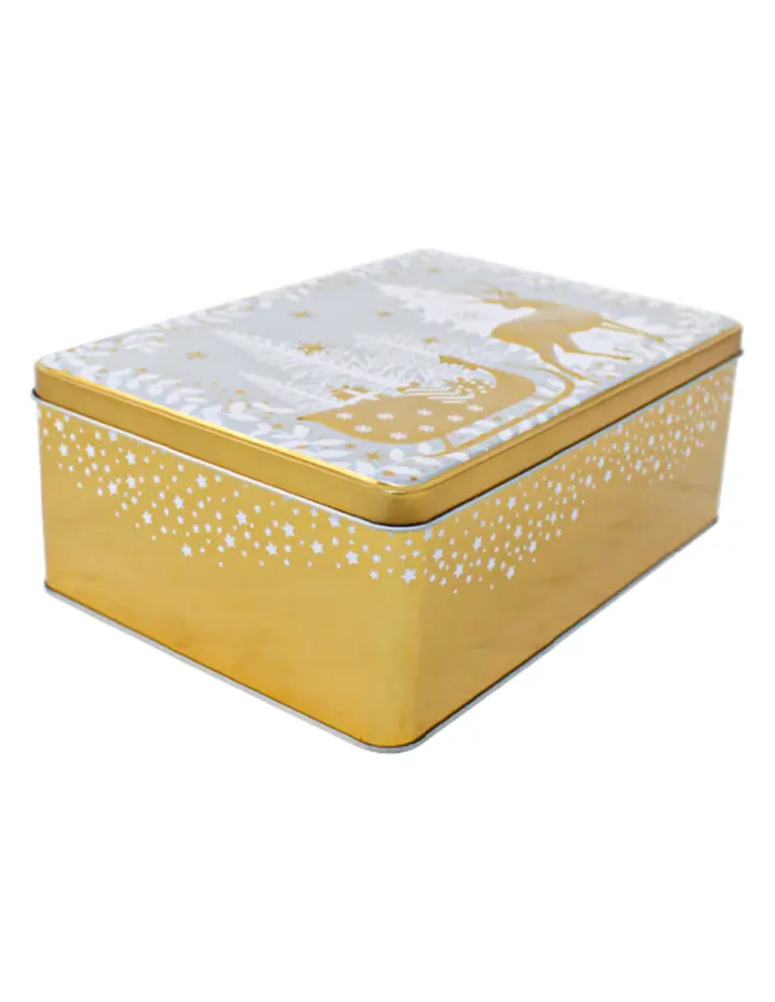 Caja de lámina dorado con blanco con ciervos y árboles de navidad de 26x18.4x9.4cm - Image 4