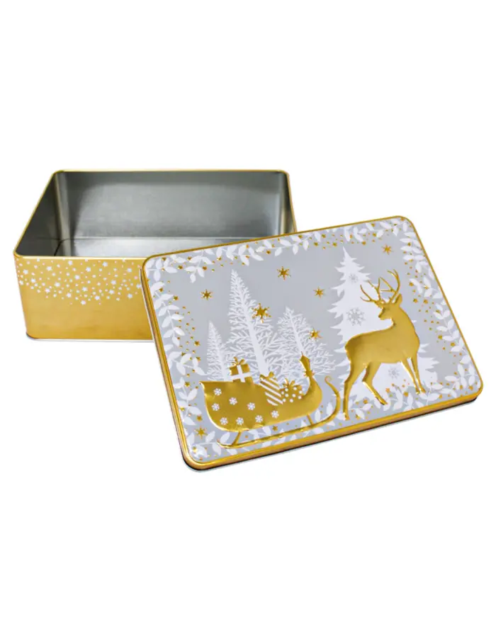 Caja de lámina dorado con blanco con ciervos y árboles de navidad de 26x18.4x9.4cm - Image 5