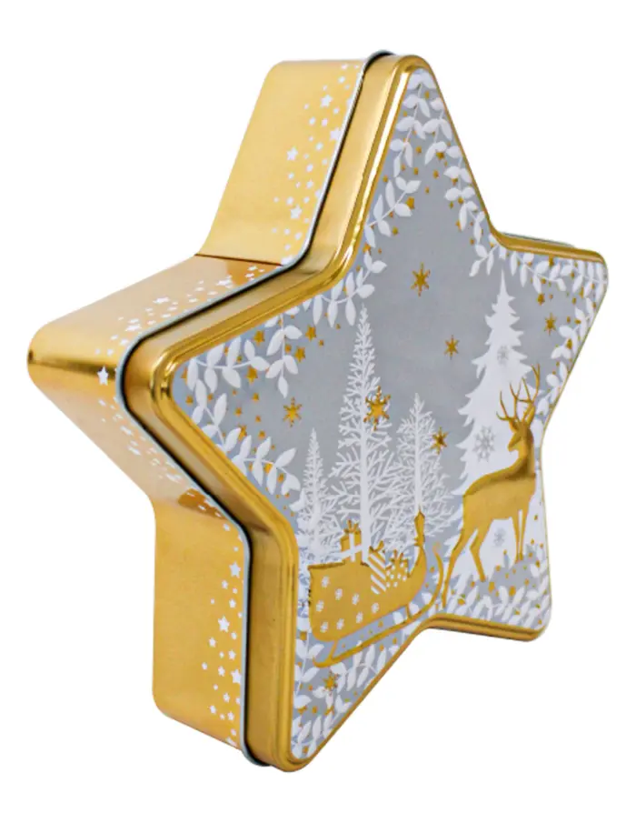 Caja de lámina de estrella dorada con ciervos y árboles de navidad de 22.9x22x6.1cm - Image 2