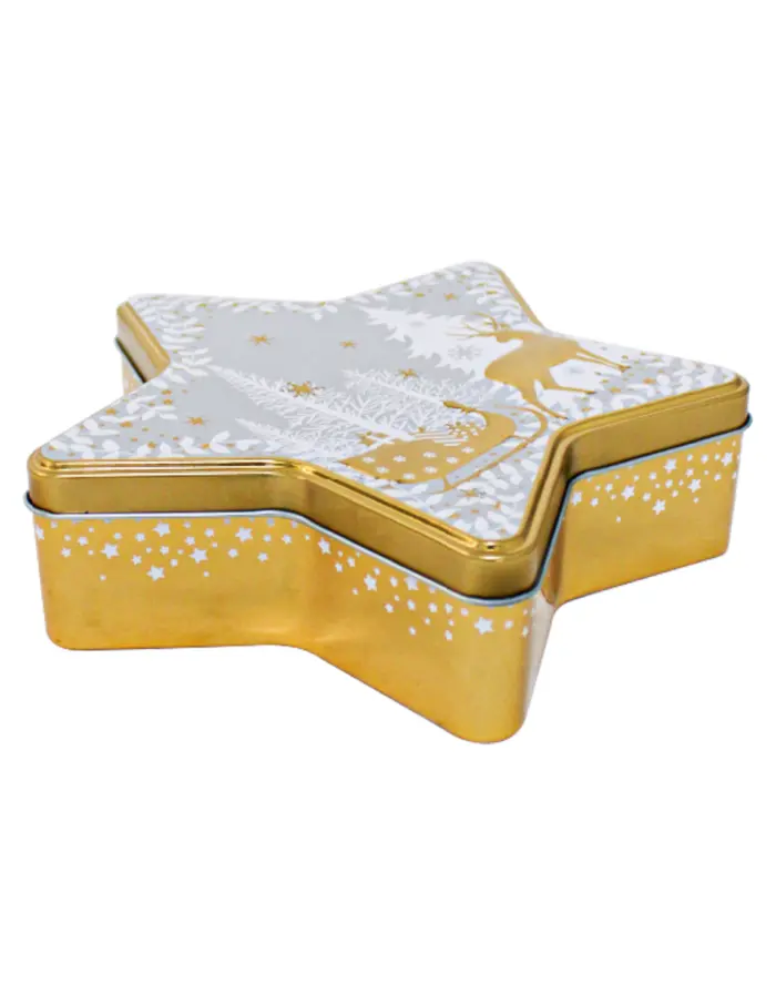 Caja de lámina de estrella dorada con ciervos y árboles de navidad de 22.9x22x6.1cm - Image 4