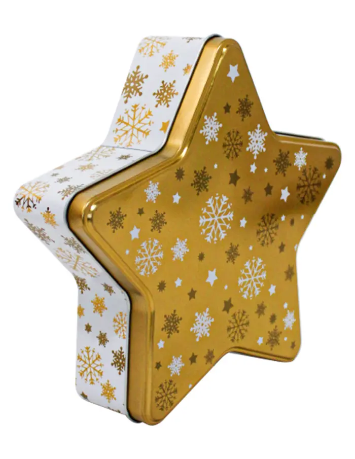 Caja de lámina dorada en forma de estrella con copos de nieve de 22.9x22x6.1cm - Image 2