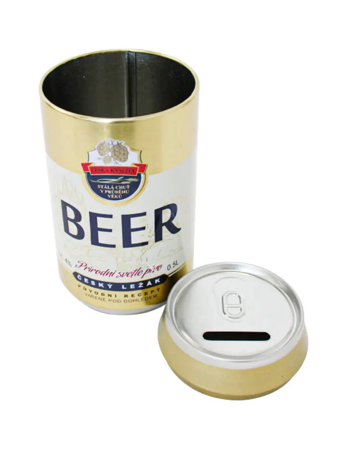 Alcancía de lámina diseño lata de cerveza dorada de 8.6x16.1cm - Image 4