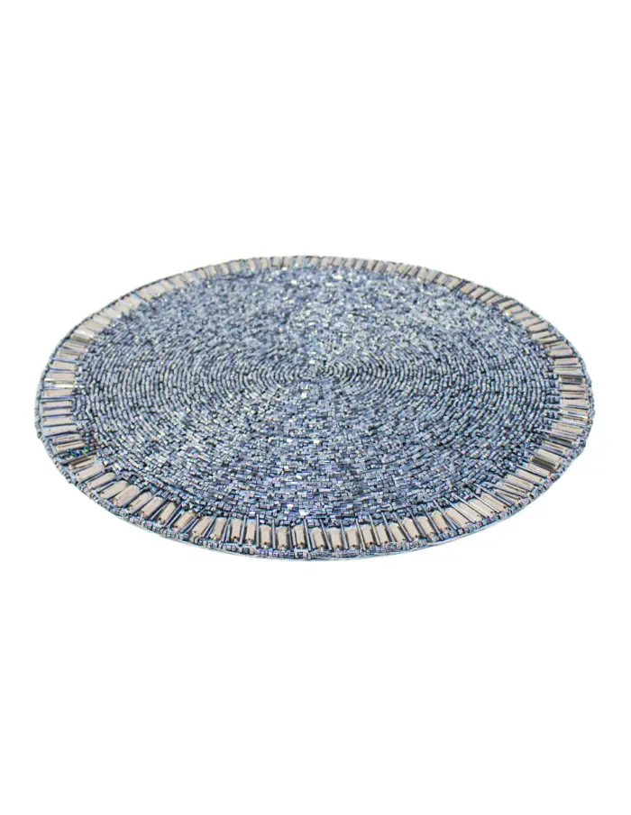 Mantel individual bordado de chaquiras azul marino con orilla plateada de 35cm - Image 2
