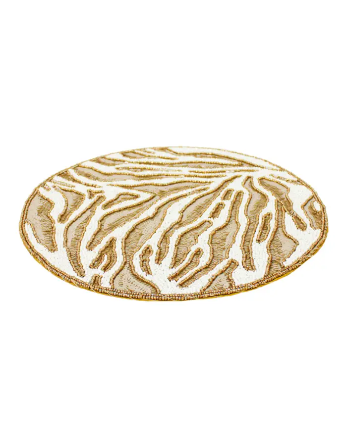 Mantel individual bordado de chaquiras a rayas crema con dorado de 35cm - Image 2