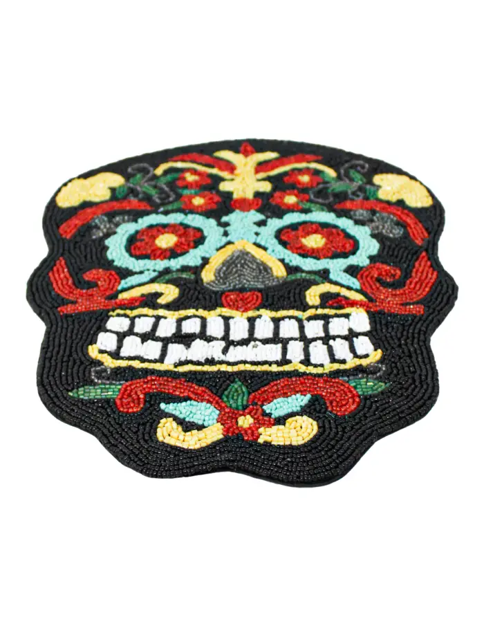 Mantel individual bordado de chaquiras diseño calavera negra con rojo de 35x25cm - Image 2