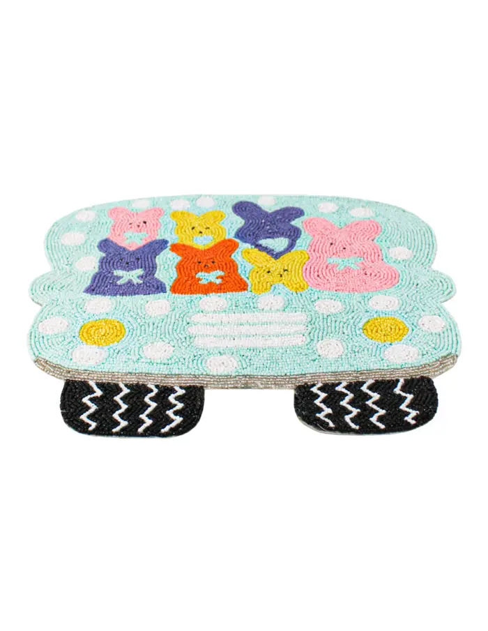 Mantel individual bordado de chaquiras diseño bus con conejos de colores de 35x35cm - Image 2