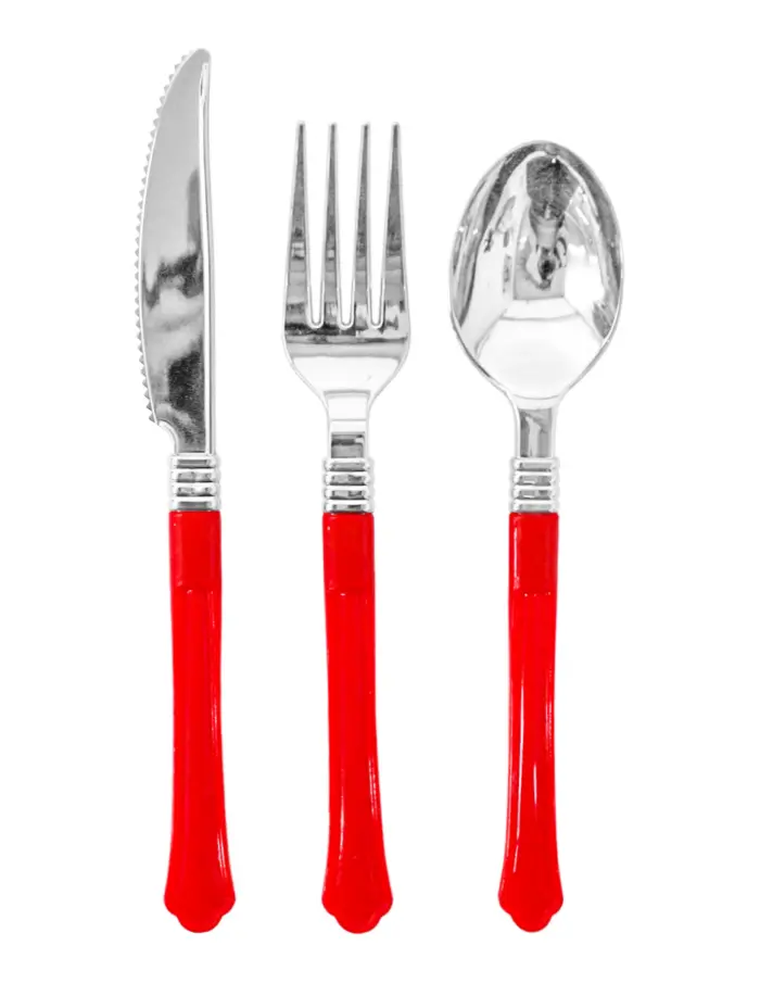 Juego de 12 cubiertos de plástico rojo cuchara/cuchillo/tenedor de 11x23.5x2.5cm - Image 2