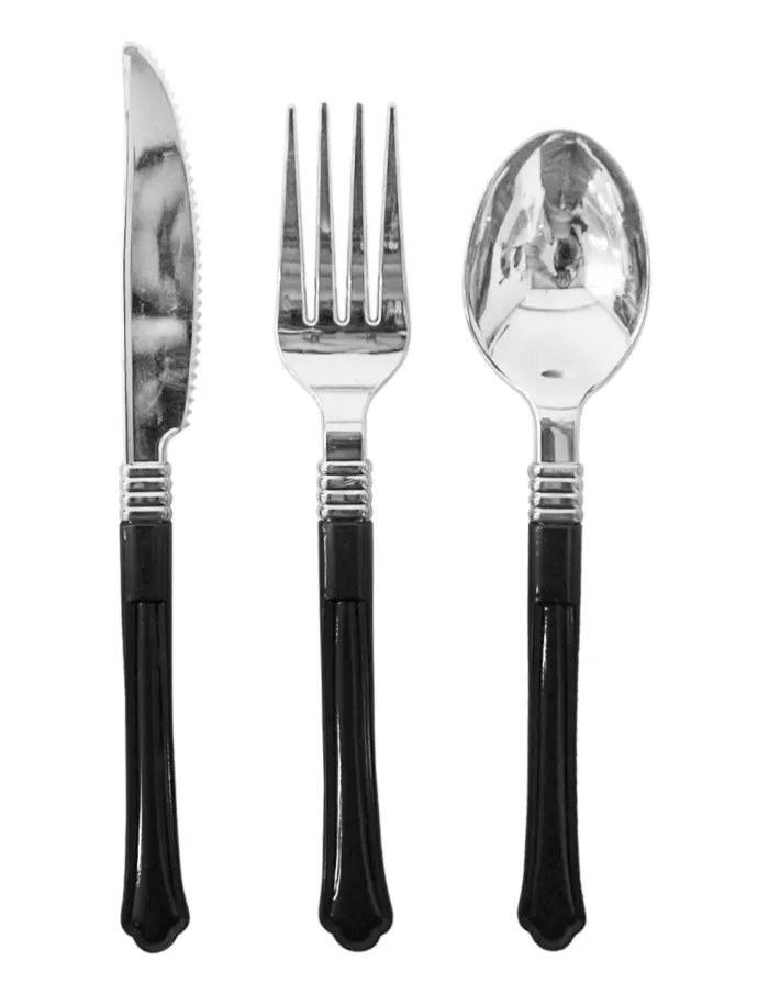Juego de 12 cubiertos de plástico negro cuchara/cuchillo/tenedor de 11x23.5x2.5cm - Image 2