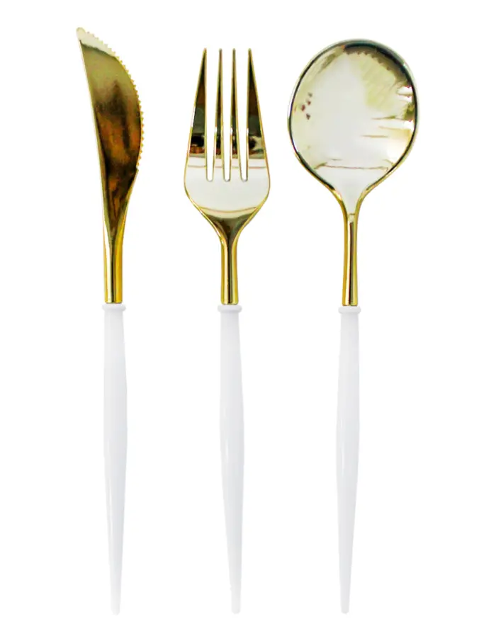 Juego de 12 cubiertos de plástico blancos con dorado cuchara/cuchillo/tenedor de 11x26x2.5cm - Image 2