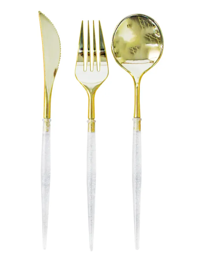 Juego de 12 cubiertos de plástico transparente con dorado cuchara/cuchillo/tenedor de 11x26x2.5cm - Image 2