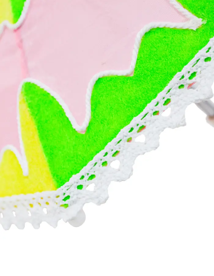 Paraguas decorativo de tela rosa con verde y amarillo de 27x27x22cm - Image 3