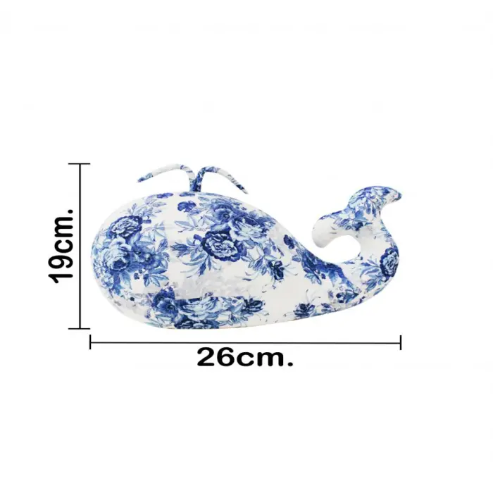 Ballena forrada de papel con flores azules con blanco de 26x14x19cm - Image 4