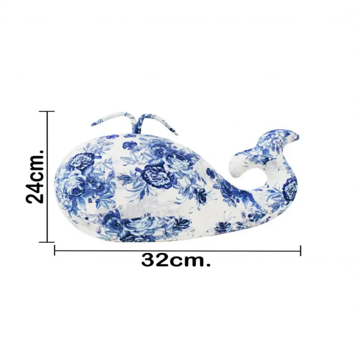 Ballena forrada de papel con flores azules con blanco de 32x17x24cm - Image 4
