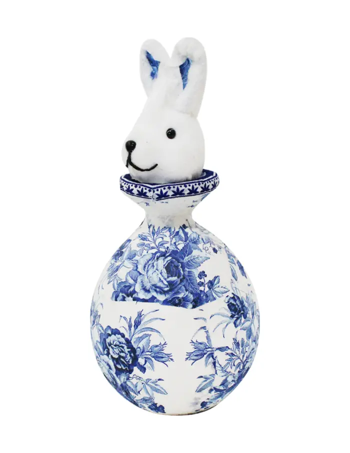 Florero con cabeza de conejo forrado de papel con flores azul con blanco de 17x17x38cm - Image 2