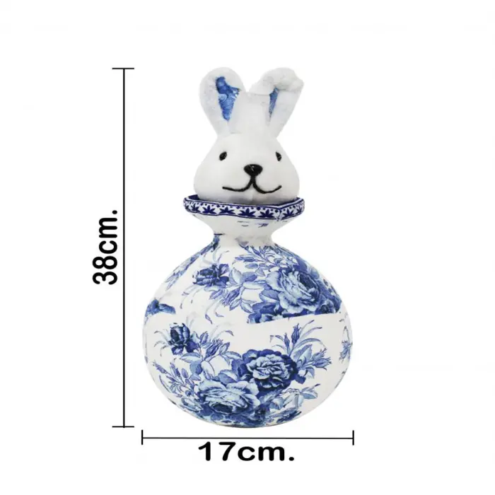Florero con cabeza de conejo forrado de papel con flores azul con blanco de 17x17x38cm - Image 4