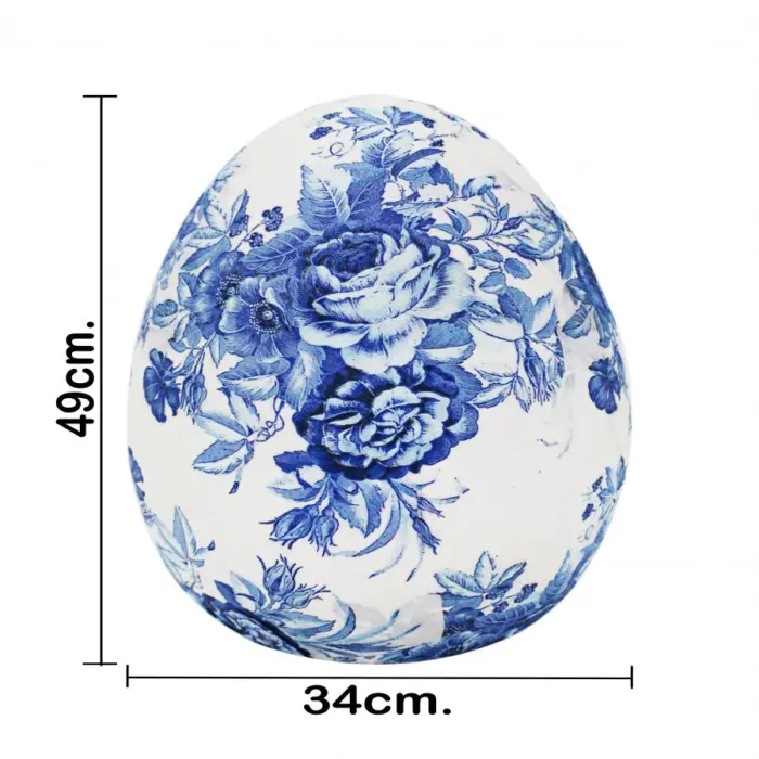 Huevo forrado de papel con flores azul con blanco de 34x34x49cm - Image 3