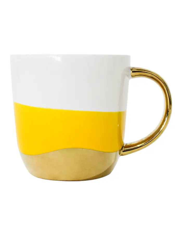 Taza de porcelana amarilla con blanco y orilla dorada de 10.4x13.8x10.2cm - Image 3