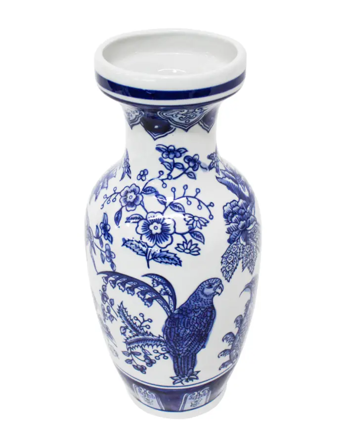 Jarrón de porcelana estampado azul con aves de 16x16x36cm - Image 2