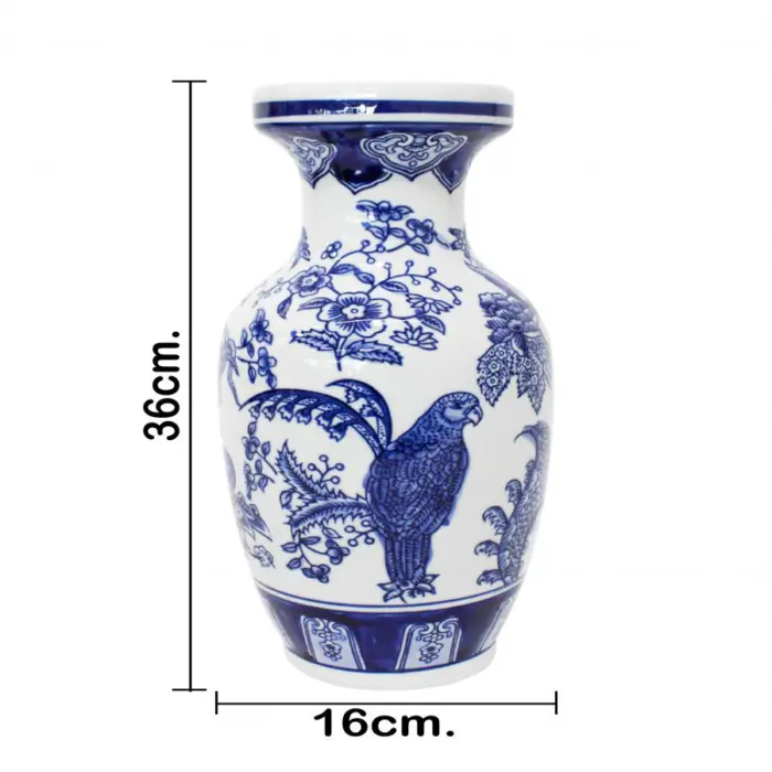 Jarrón de porcelana estampado azul con aves de 16x16x36cm - Image 4