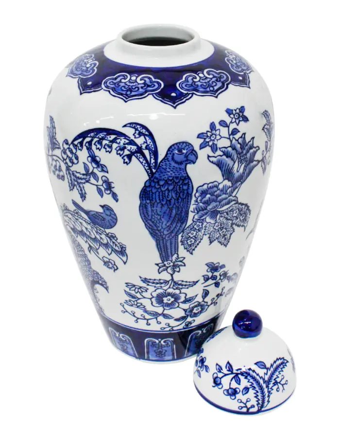 Tibor de porcelana estampado perico azul y flores de 20.7x20.7x37cm - Image 2