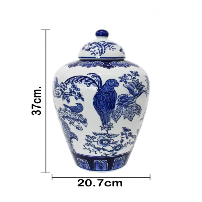 Tibor de porcelana estampado perico azul y flores de 20.7x20.7x37cm - Image 4