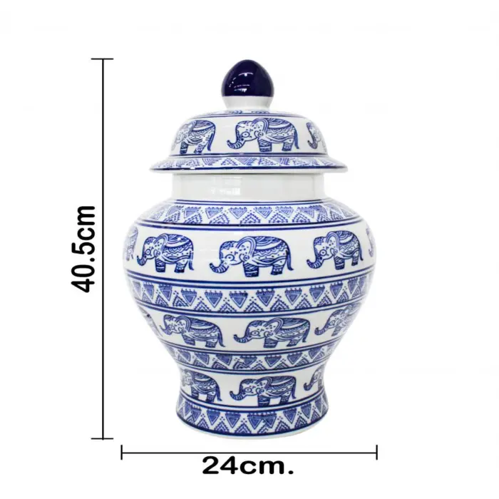Tibor de porcelana estampado elefantes azules de 24x24x40.5cm - Image 4