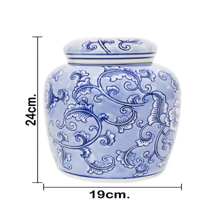 Tibor de porcelana azul estampado flores de 19x19x24cm - Image 4