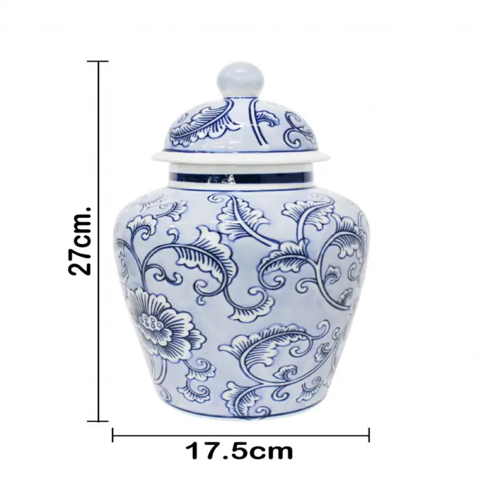 Tibor de porcelana azul estampado flores de 17.5x17.5x27cm - Image 4