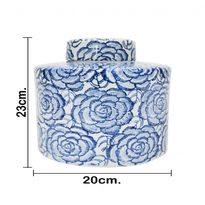 Tibor de porcelana azul estampado flores de 20x20x23cm - Image 4