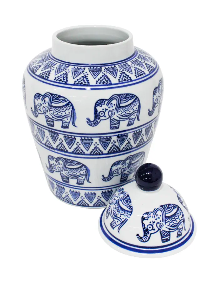 Tibor de porcelana estampado elefantes azules de 17.5x17.5x27cm - Image 2