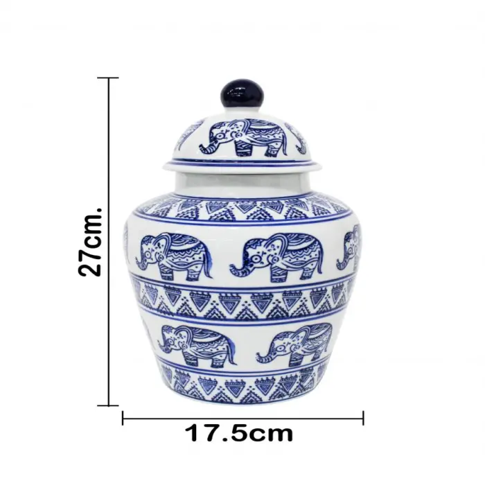 Tibor de porcelana estampado elefantes azules de 17.5x17.5x27cm - Image 4