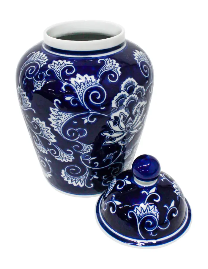 Tibor de porcelana azul marino estampado flores de 20.5x20.5x32.5cm - Image 2
