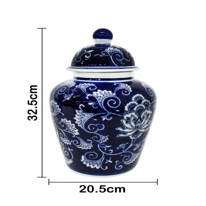 Tibor de porcelana azul marino estampado flores de 20.5x20.5x32.5cm - Image 4