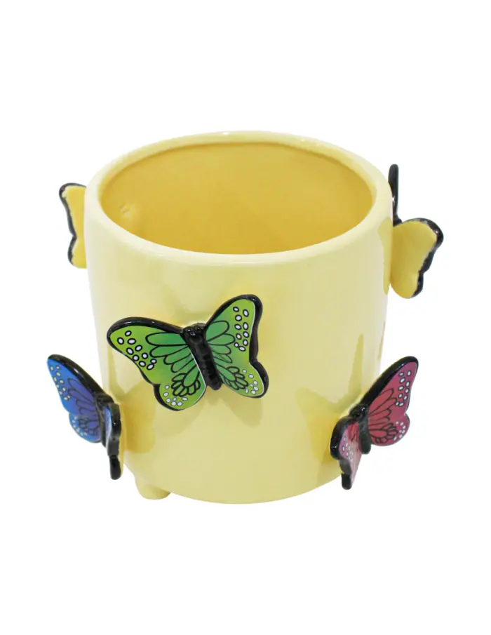 Maceta de ceramica amarilla con mariposas en relieve de colores de 17.2x14.5cm - Image 2