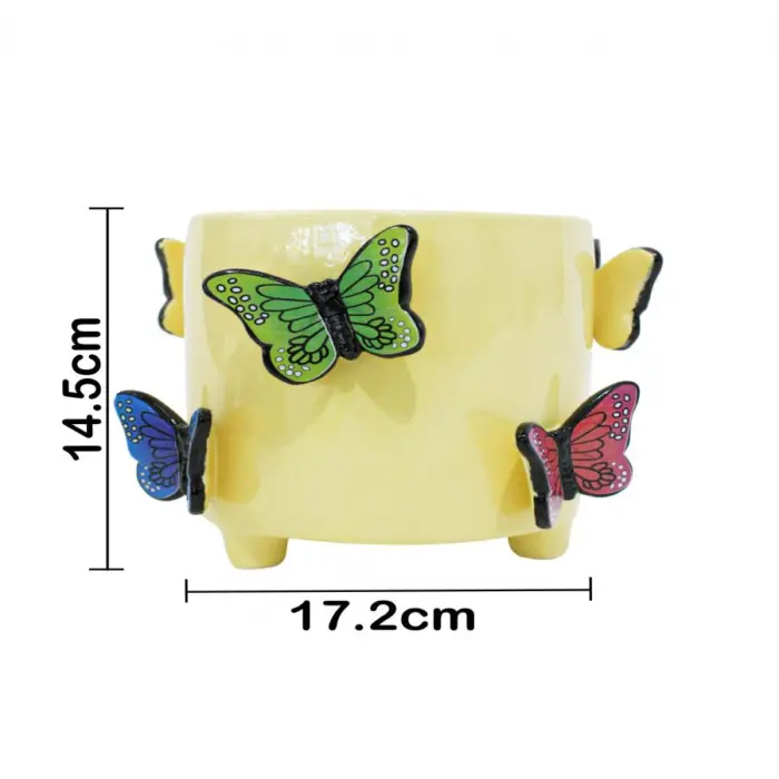 Maceta de ceramica amarilla con mariposas en relieve de colores de 17.2x14.5cm - Image 4